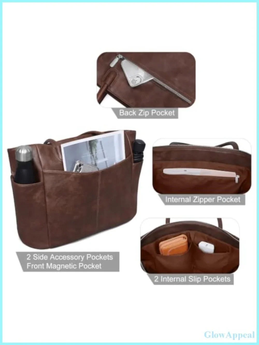 Large Vegan Leather Tote Bag for Women Work 23L Zipper Shoulder Purse